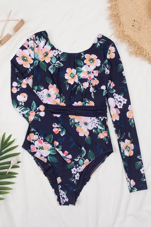Women Long Sleeve Swimsuits Cupshe Secret Garden Long Sleeve One Piece Swimsuit Multicolor