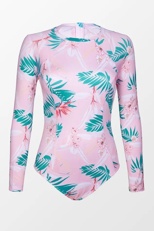 Women Long Sleeve Swimsuits Cupshe Tatyana Hawaiian Print Long Sleeve One Piece Swimsuit Pink