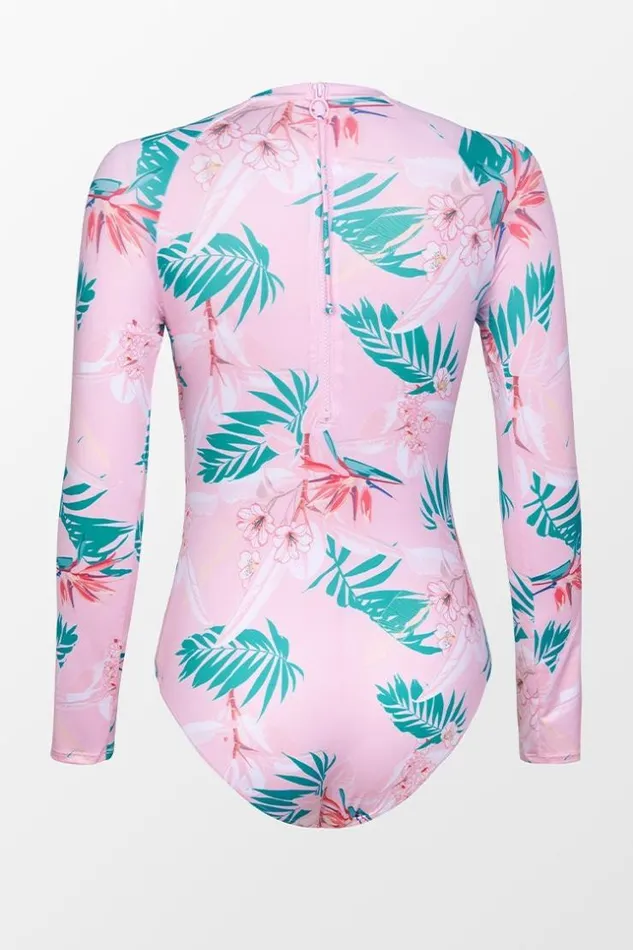 Women Long Sleeve Swimsuits Cupshe Tatyana Hawaiian Print Long Sleeve One Piece Swimsuit Pink