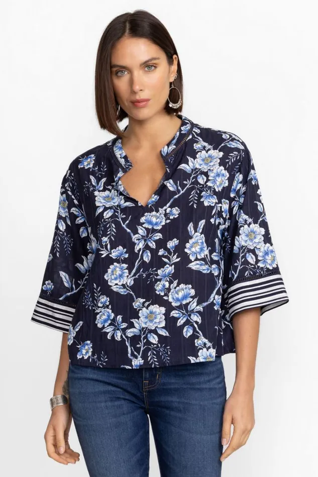 Women MAGNOLIA VNECK TOP WITH MANDARIN COLLAR Magnolia Johnny Was Tops Women MAGNOLIA VNECK TOP WITH MANDARIN COLLAR Magnolia Johnny Was Tops