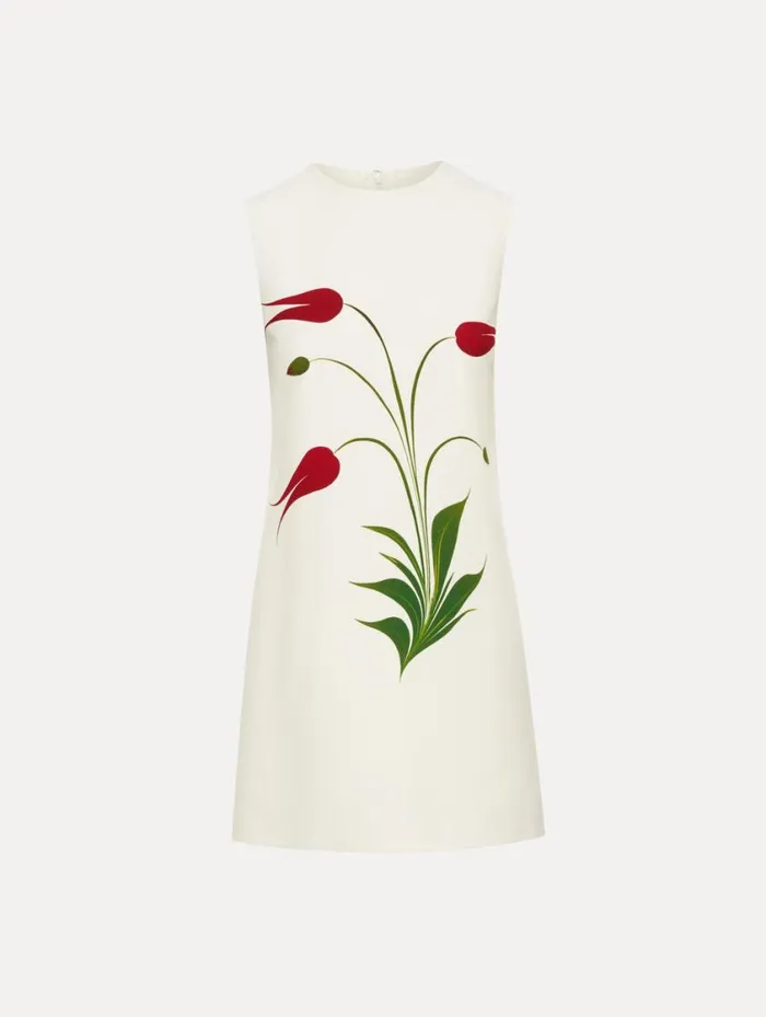 Women Marbled Tulip Shift Dress Ivory Red Oscar De La Renta Dresses