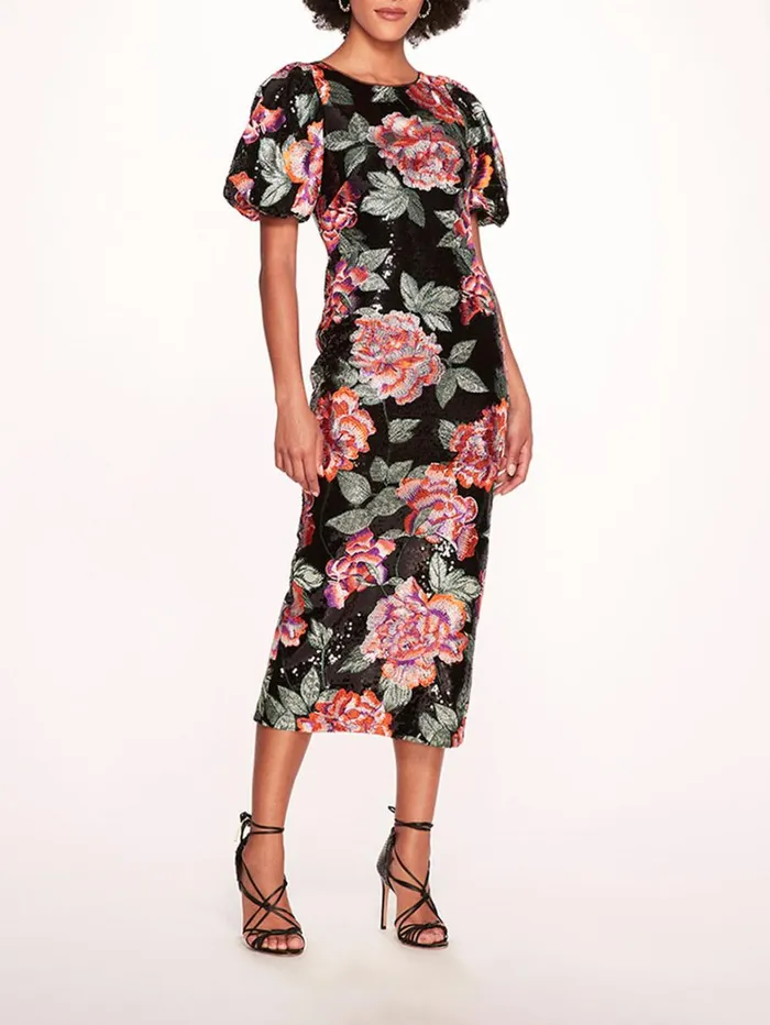 Women Marchesa Dresses Bubble Sleeve Sequin Midi Dress Black