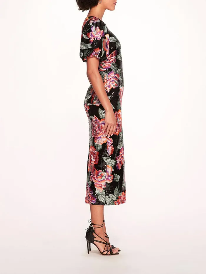 Women Marchesa Dresses Bubble Sleeve Sequin Midi Dress Black Women Marchesa Dresses Bubble Sleeve Sequin Midi Dress Black