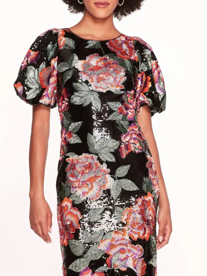 Women Marchesa Dresses Bubble Sleeve Sequin Midi Dress Black Women Marchesa Dresses Bubble Sleeve Sequin Midi Dress Black