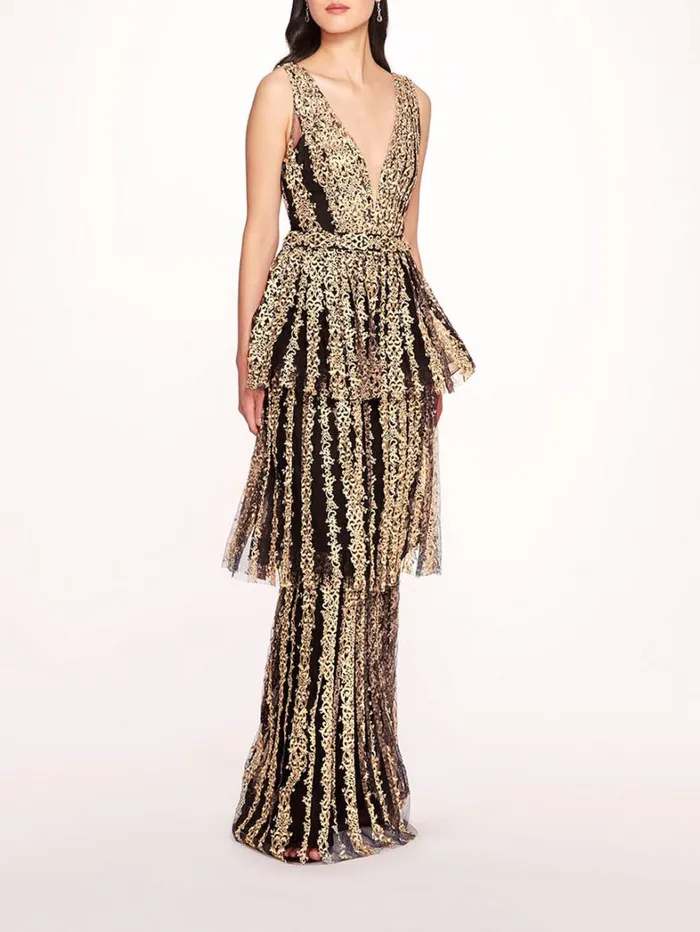Women Marchesa Dresses Metallic Filigree Gown Black Gold