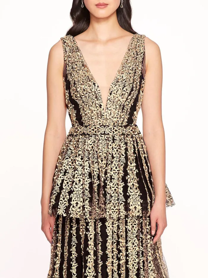 Women Marchesa Dresses Metallic Filigree Gown Black Gold Women Marchesa Dresses Metallic Filigree Gown Black Gold