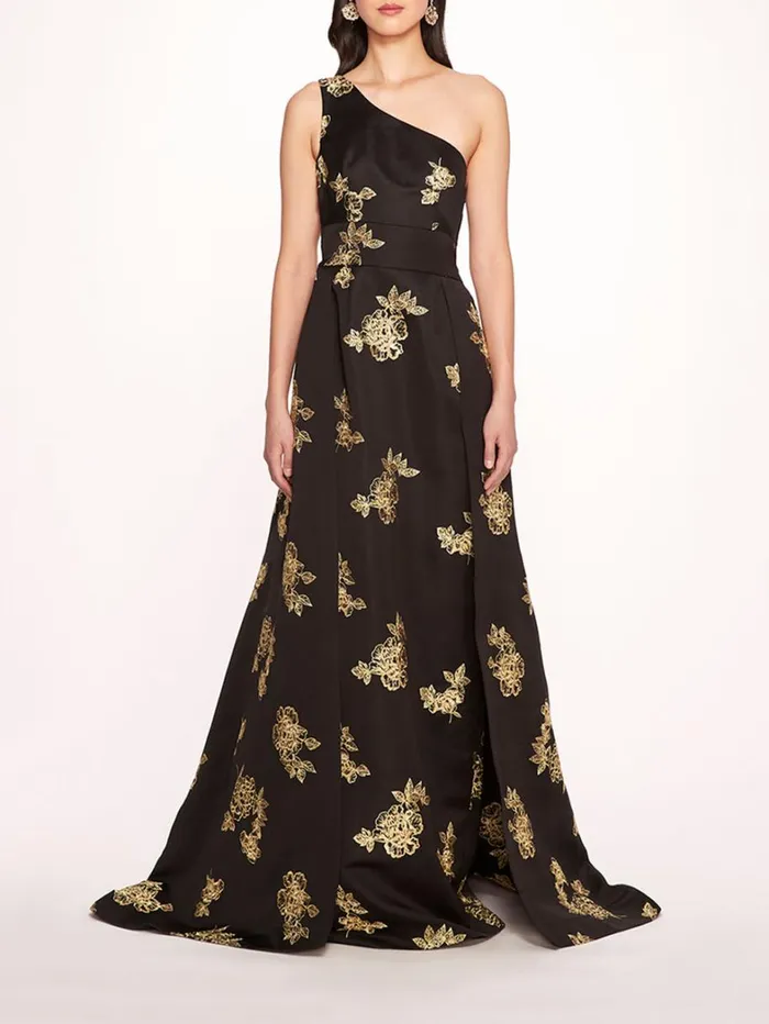 Women Marchesa Dresses One Shoulder Marigold Ball Gown Black Gold