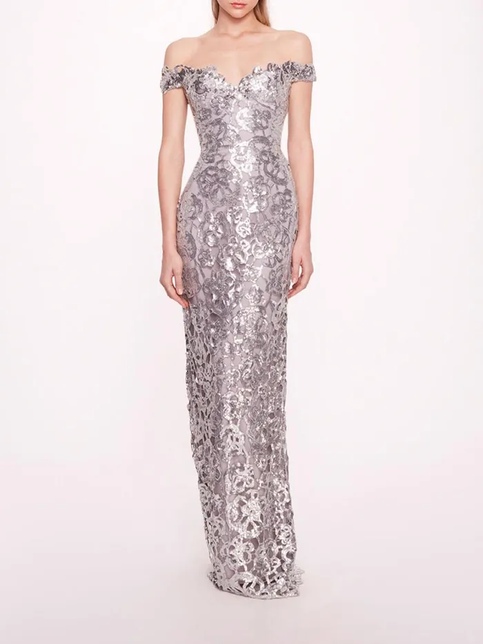 Women Marchesa Dresses Organic Neckline Sequin Gown Silver