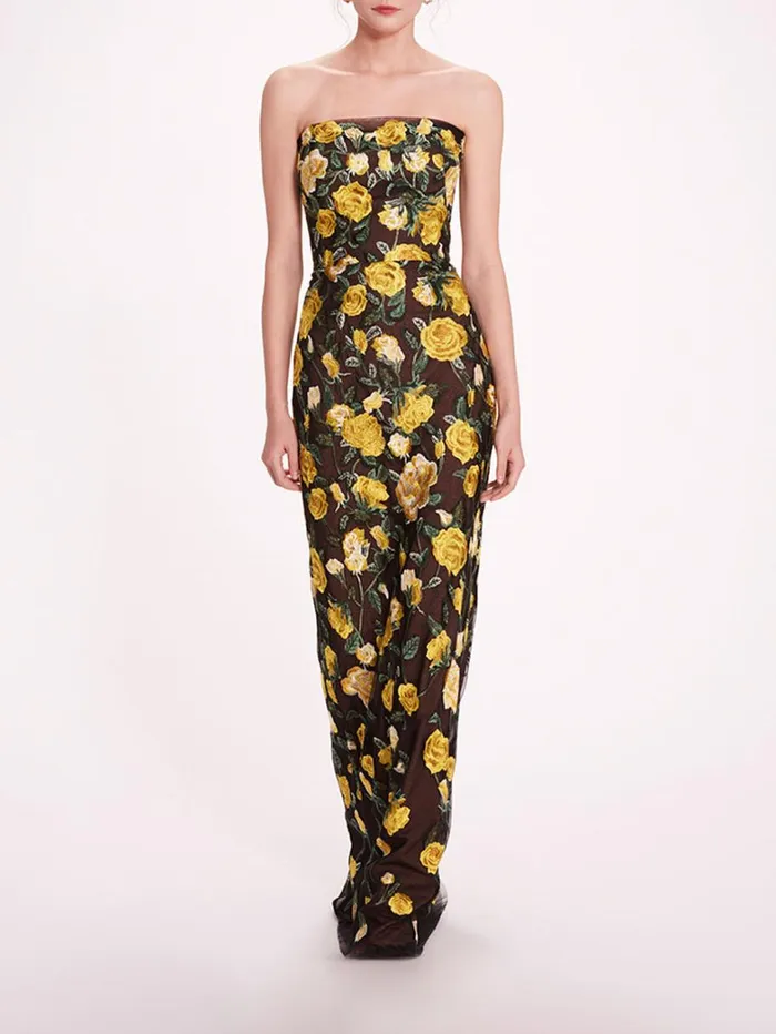 Women Marchesa Dresses Roses Tulle Gown Yellow Black