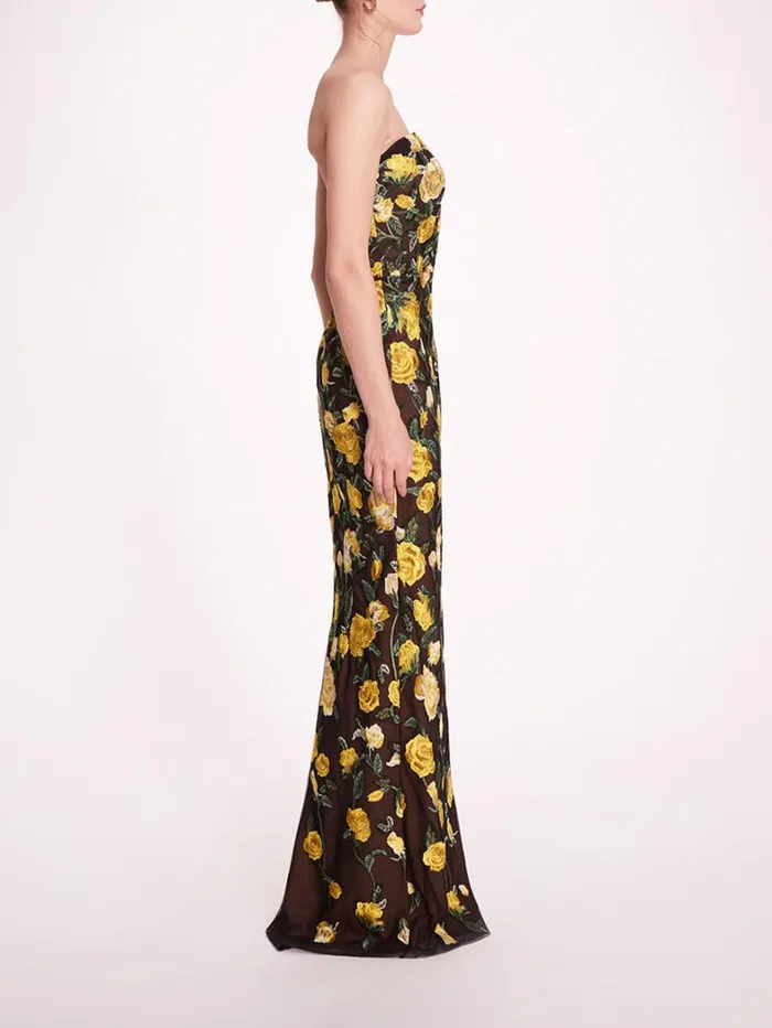 Women Marchesa Dresses Roses Tulle Gown Yellow Black Women Marchesa Dresses Roses Tulle Gown Yellow Black
