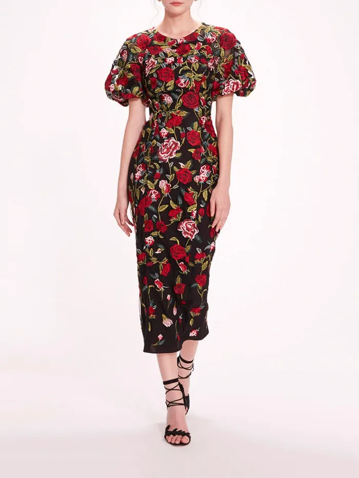 Women Marchesa Dresses Roses Tulle Midi Dress Black Red