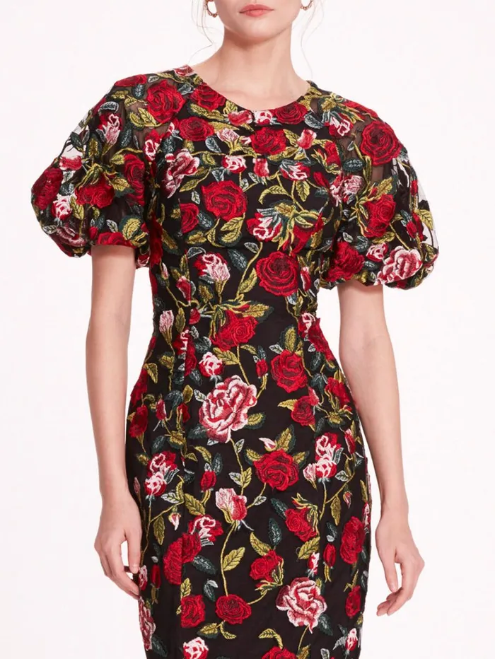 Women Marchesa Dresses Roses Tulle Midi Dress Black Red Women Marchesa Dresses Roses Tulle Midi Dress Black Red