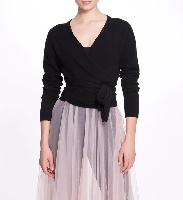 Women Marchesa Tops Black Wrap Sweater Black