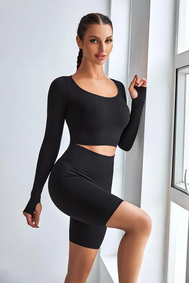 Women Matching Sets Cupshe Royalty Black Scoop Long Sleeve Matching Set Black