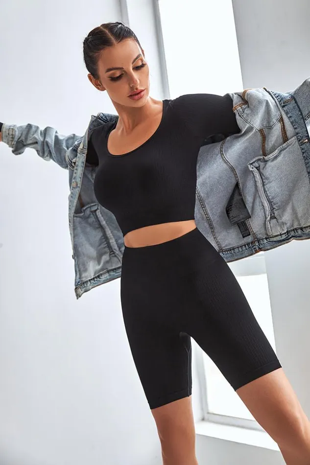 Women Matching Sets Cupshe Royalty Black Scoop Long Sleeve Matching Set Black