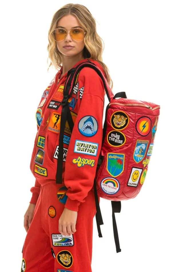 WomenMen Backpacks Aviator Nation Vintage Patch Puffer Backpack 8211 Cherry Glossy