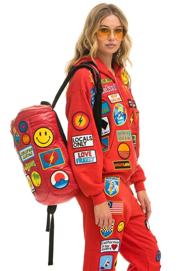 WomenMen Backpacks Aviator Nation Vintage Patch Puffer Backpack 8211 Cherry Glossy