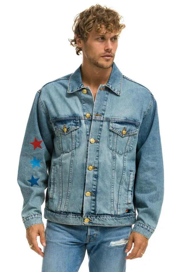 WomenMen Denim Aviator Nation Stoked Oversized Concert Denim Jacket 8211 Vintage