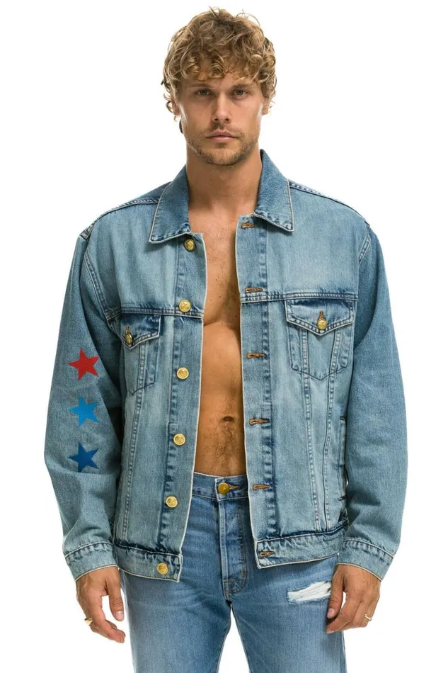 WomenMen Denim Aviator Nation Stoked Oversized Concert Denim Jacket 8211 Vintage