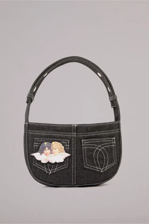 WomenMen Fiorucci Bags Angels Patch Denim Shoulder Bag Black