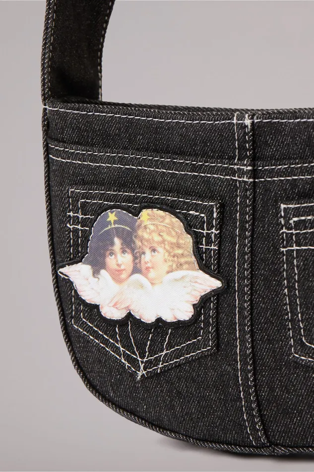 WomenMen Fiorucci Bags Angels Patch Denim Shoulder Bag Black WomenMen Fiorucci Bags Angels Patch Denim Shoulder Bag Black