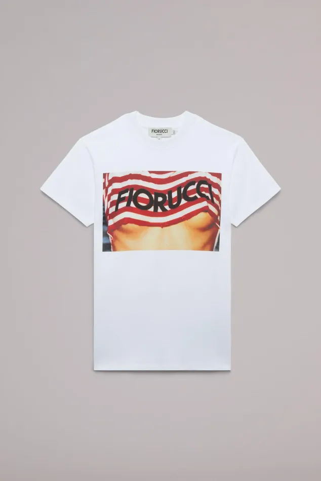 WomenMen Fiorucci TShirts and Tops Unisex Logo Stripe Graphic TShirt White