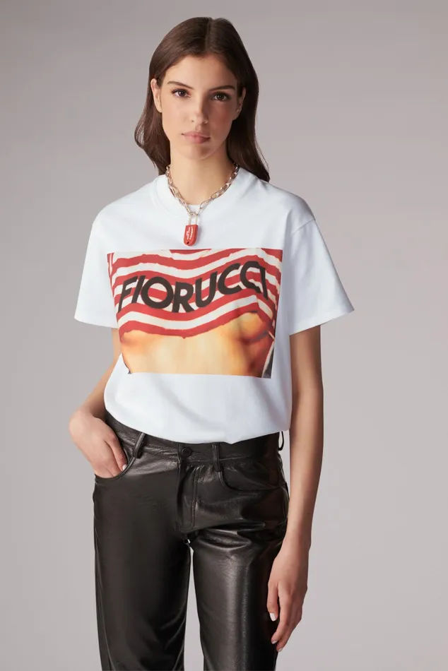 WomenMen Fiorucci TShirts and Tops Unisex Logo Stripe Graphic TShirt White WomenMen Fiorucci TShirts and Tops Unisex Logo Stripe Graphic TShirt White