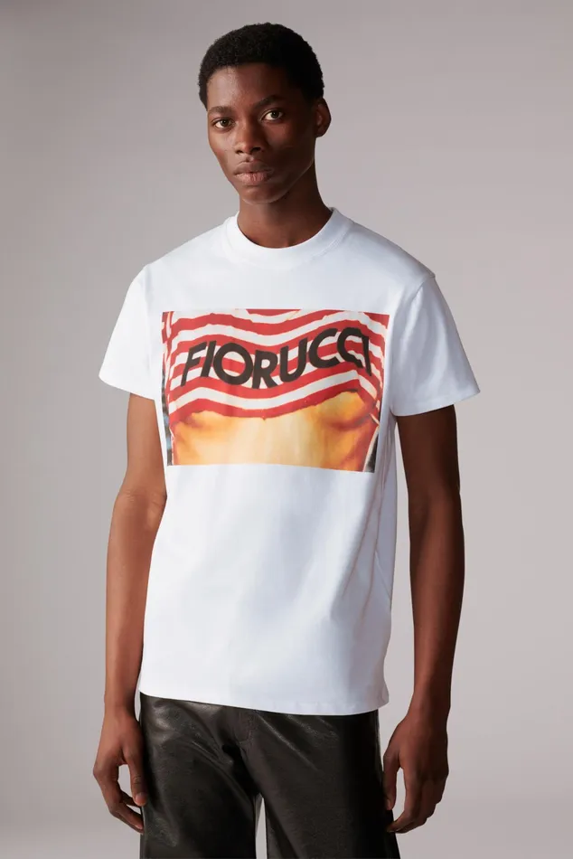 WomenMen Fiorucci TShirts and Tops Unisex Logo Stripe Graphic TShirt White WomenMen Fiorucci TShirts and Tops Unisex Logo Stripe Graphic TShirt White