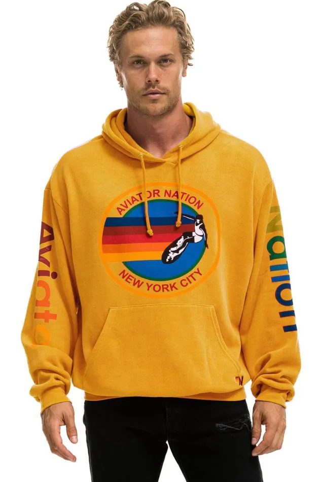 WomenMen Hoodies Aviator Nation New York City Relaxed Pullover Hoodie 8211 Gold