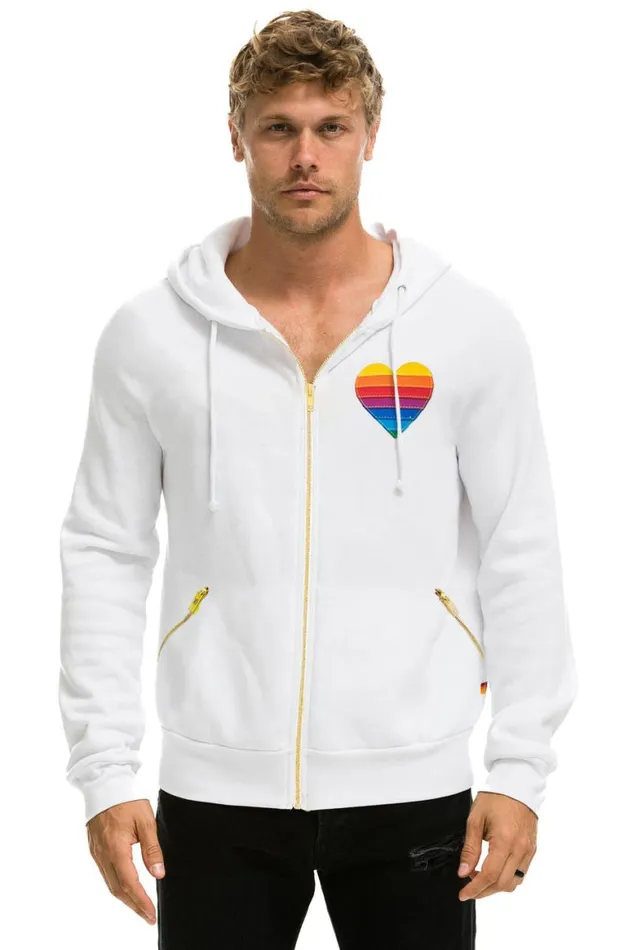 WomenMen Hoodies Aviator Nation Rainbow Heart Stitch Zip Hoodie W Pockets 8211 White