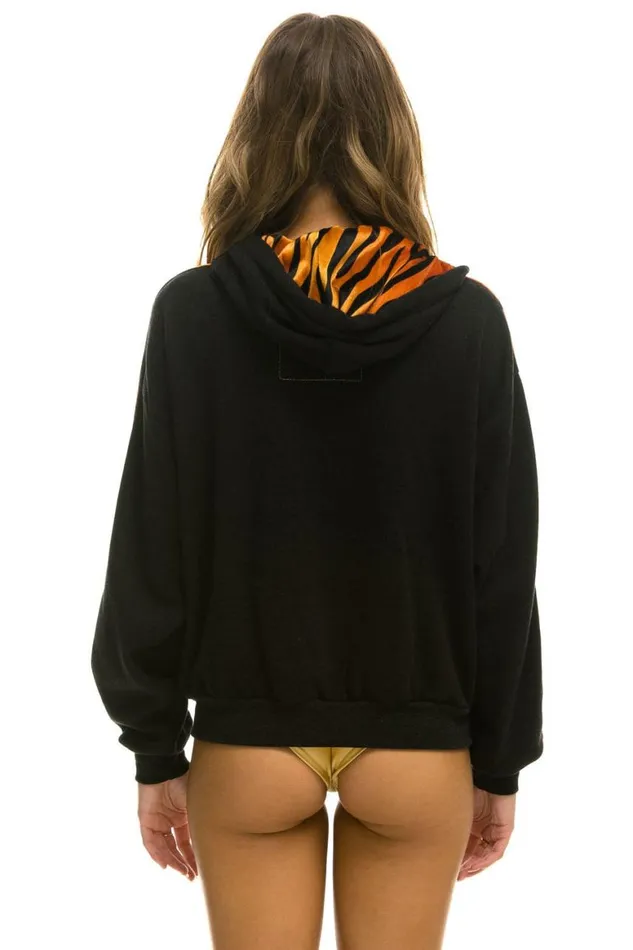 WomenMen Hoodies Aviator Nation Tiger Stripe Relaxed Zip Hoodie With Pockets 8211 Black Tiger