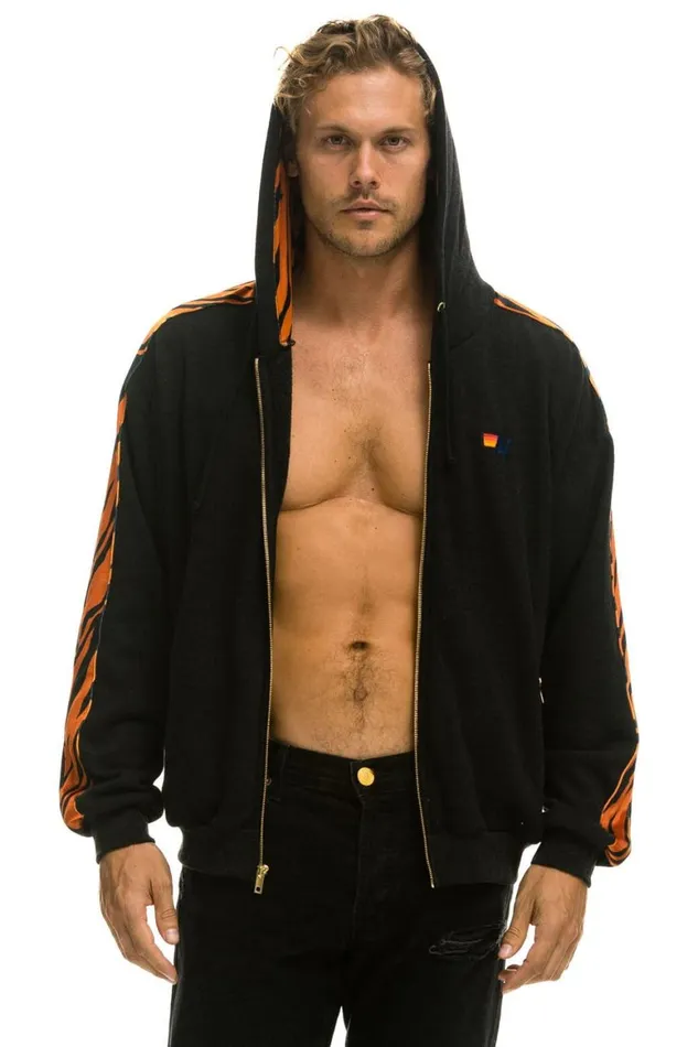 WomenMen Hoodies Aviator Nation Tiger Stripe Relaxed Zip Hoodie With Pockets 8211 Black Tiger