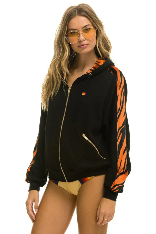 WomenMen Hoodies Aviator Nation Tiger Stripe Relaxed Zip Hoodie With Pockets 8211 Black Tiger