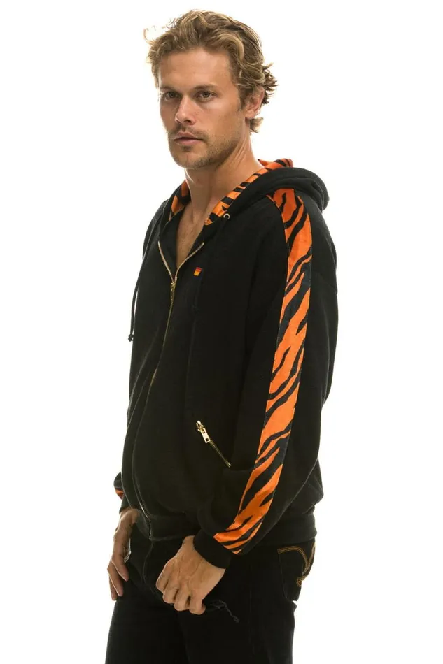 WomenMen Hoodies Aviator Nation Tiger Stripe Relaxed Zip Hoodie With Pockets 8211 Black Tiger