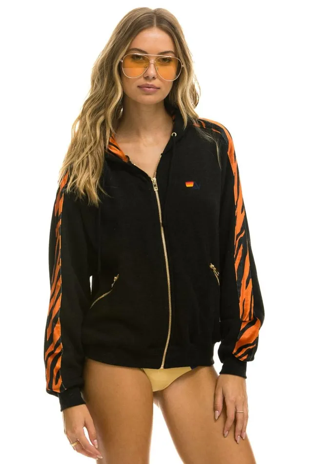 WomenMen Hoodies Aviator Nation Tiger Stripe Relaxed Zip Hoodie With Pockets 8211 Black Tiger