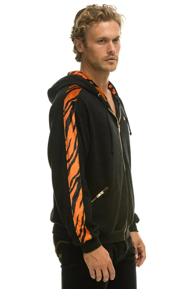 WomenMen Hoodies Aviator Nation Tiger Stripe Relaxed Zip Hoodie With Pockets 8211 Black Tiger