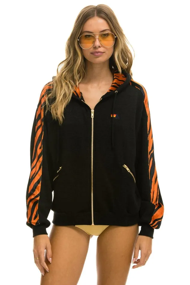 WomenMen Hoodies Aviator Nation Tiger Stripe Relaxed Zip Hoodie With Pockets 8211 Black Tiger