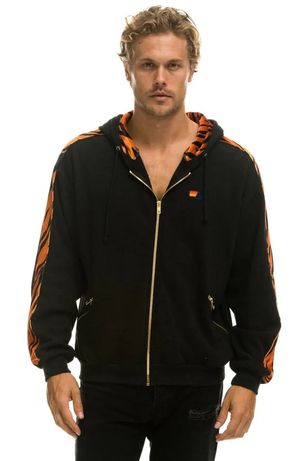 WomenMen Hoodies Aviator Nation Tiger Stripe Relaxed Zip Hoodie With Pockets 8211 Black Tiger