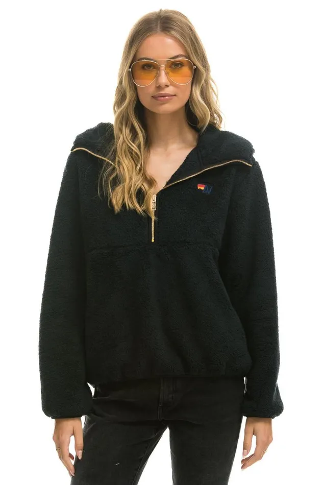 WomenMen Teddy Jackets Aviator Nation Teddy Apres Hooded Half Zip Jacket 8211 Black