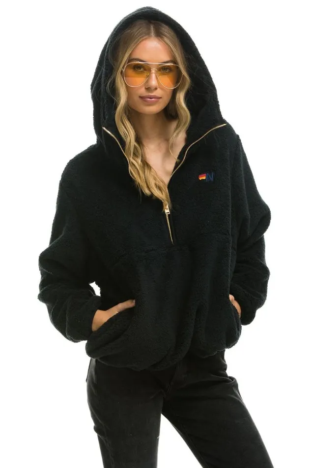 WomenMen Teddy Jackets Aviator Nation Teddy Apres Hooded Half Zip Jacket 8211 Black