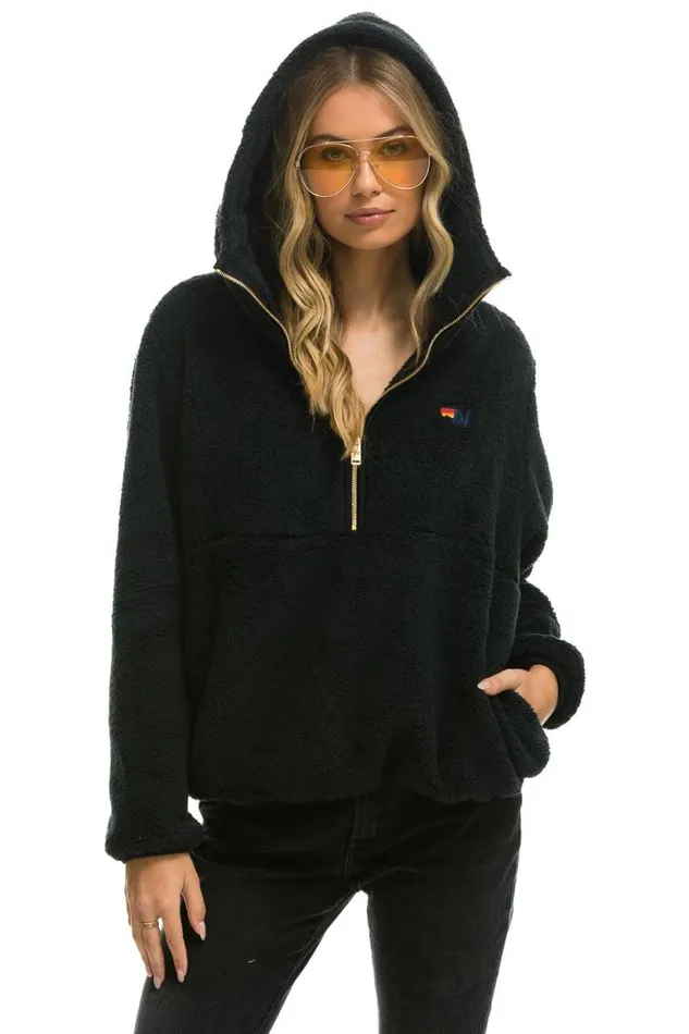 WomenMen Teddy Jackets Aviator Nation Teddy Apres Hooded Half Zip Jacket 8211 Black