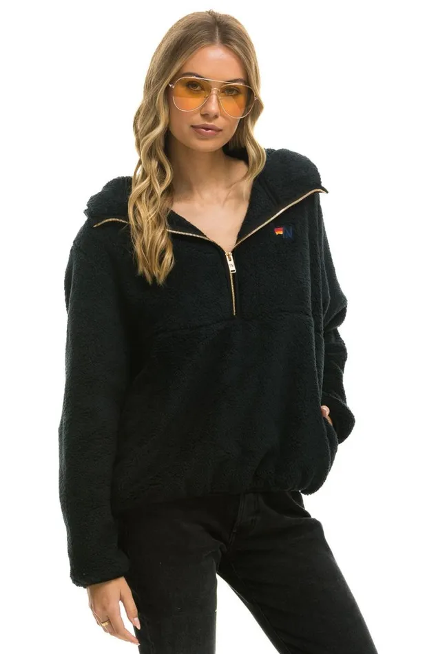 WomenMen Teddy Jackets Aviator Nation Teddy Apres Hooded Half Zip Jacket 8211 Black