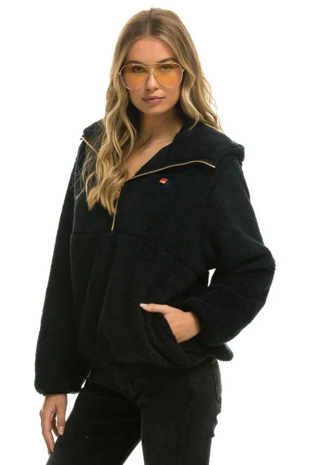 WomenMen Teddy Jackets Aviator Nation Teddy Apres Hooded Half Zip Jacket 8211 Black