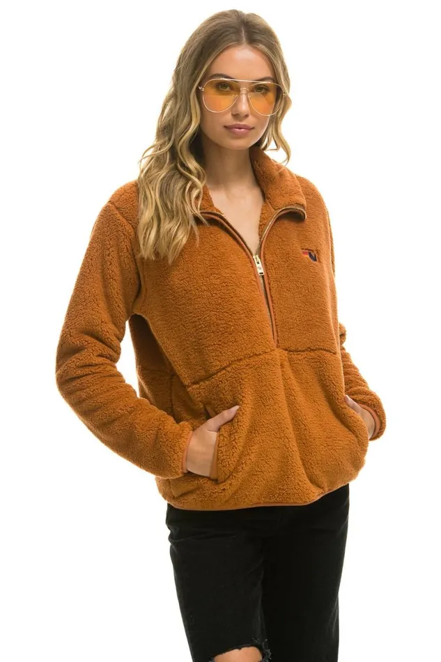 WomenMen Teddy Jackets Aviator Nation Teddy Unisex Half Zip Jacket 8211 Whiskey