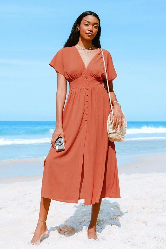 Women Midi Dresses Cupshe Aubriella Button Front Split Dress Orange