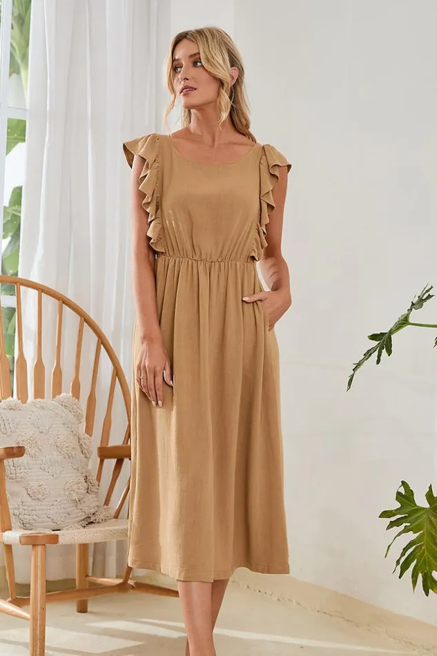 Women Midi Dresses Cupshe Karen Round Neck Fitted Waisted Ruffled Dress Khaki Women Midi Dresses Cupshe Karen Round Neck Fitted Waisted Ruffled Dress Khaki