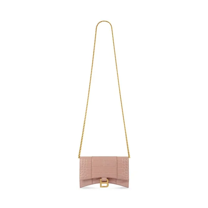 Women Mini Bags Balenciaga Hourglass Wallet On Chain Crocodile Embossed In Beige