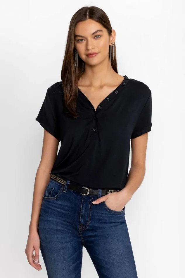 Women MODAL JERSEY BUTTON NECK TEE Black Beauty Johnny Was Tops