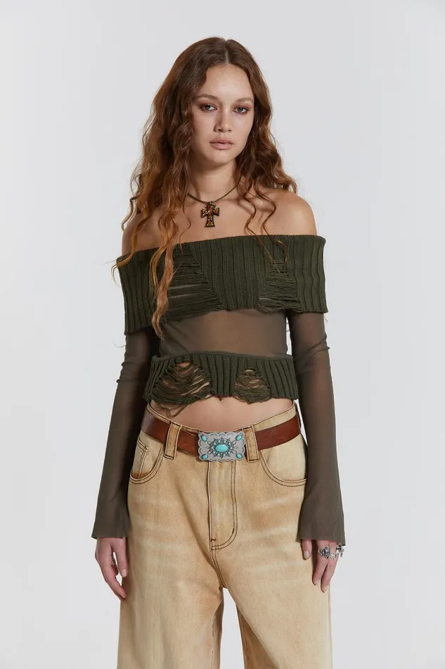 Women Nova Off The Shoulder Mesh Top Jaded London Knitwear