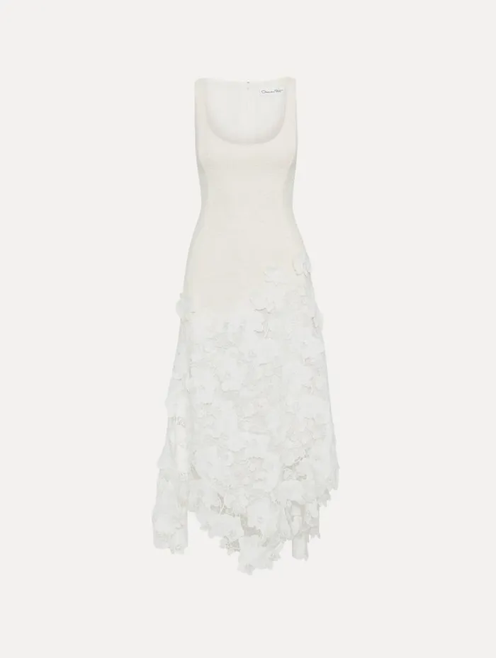 Women Orchid Guipure and Tweed Sleeveless Dress Ivory Oscar De La Renta Dresses